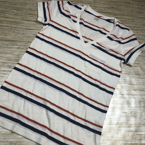 Y-108~ MADEWELL V-neck pocket Cotton Tee shirt IVORY stripe size XXS - Picture 1 of 1
